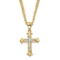 Diamond Accent Cross Pendant Necklace with Decorative Curving Ends Gold-Plated 22