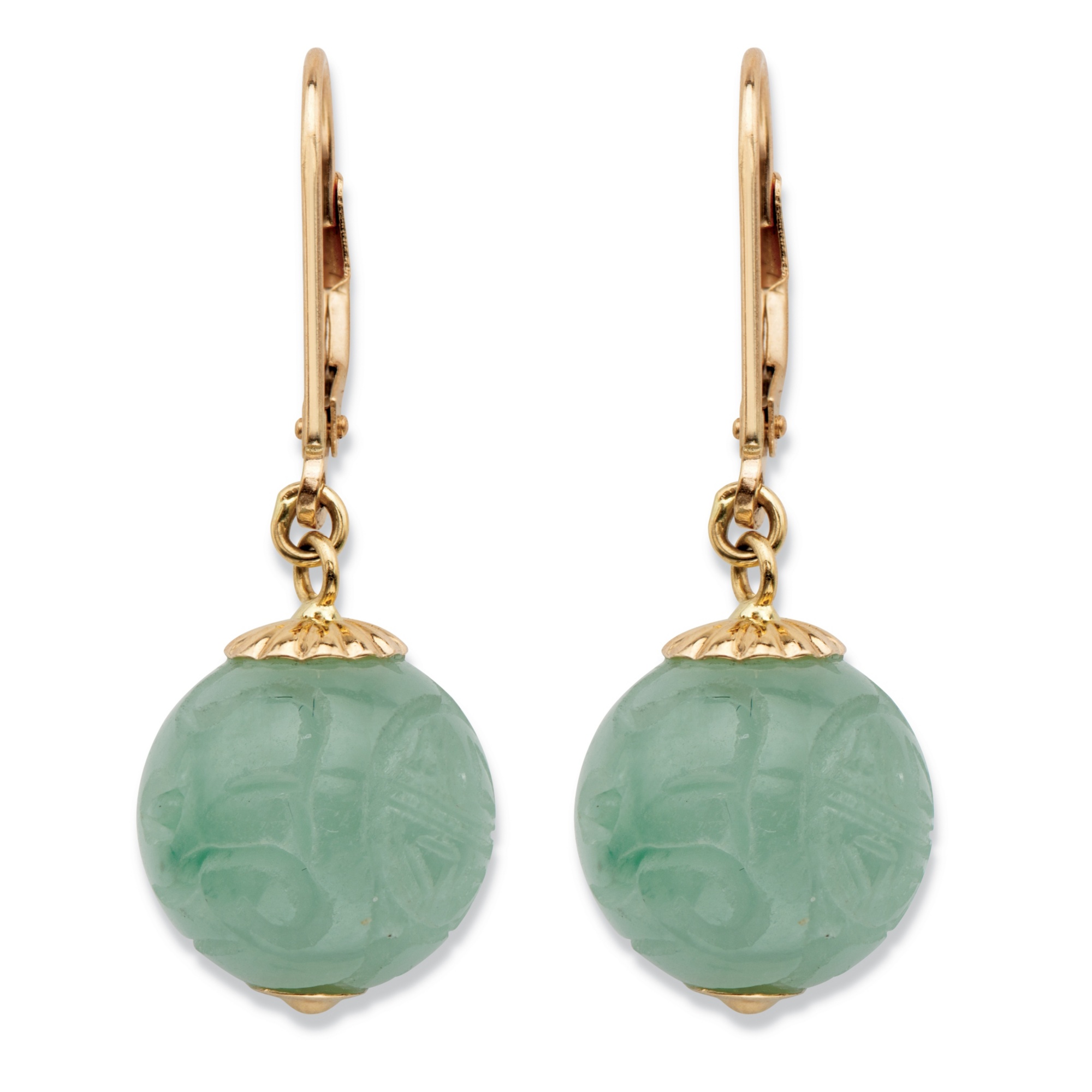 Genuine Green Jade Etched Bead Drop Earrings in Solid 10k Yellow Gold