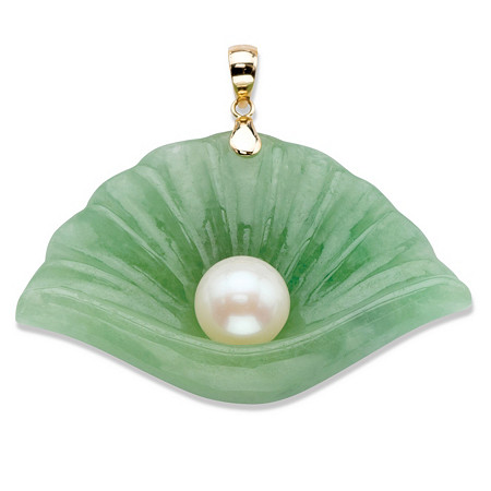 Genuine Cultured Freshwater Pearl and Green Jade Shell Pendant in Solid 10k Yellow Gold at PalmBeach Jewelry
