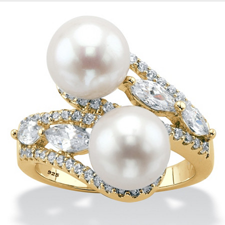 Genuine Cultured Freshwater Pearl and Cubic Zirconia Bypass Ring 1.30 TCW in 14k Gold-Plated Sterling Silver at PalmBeach Jewelry