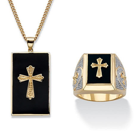 Men's Genuine Black Onyx Cabochon Cross 2-Piece Necklace and Ring Set Gold-Plated 22" at PalmBeach Jewelry