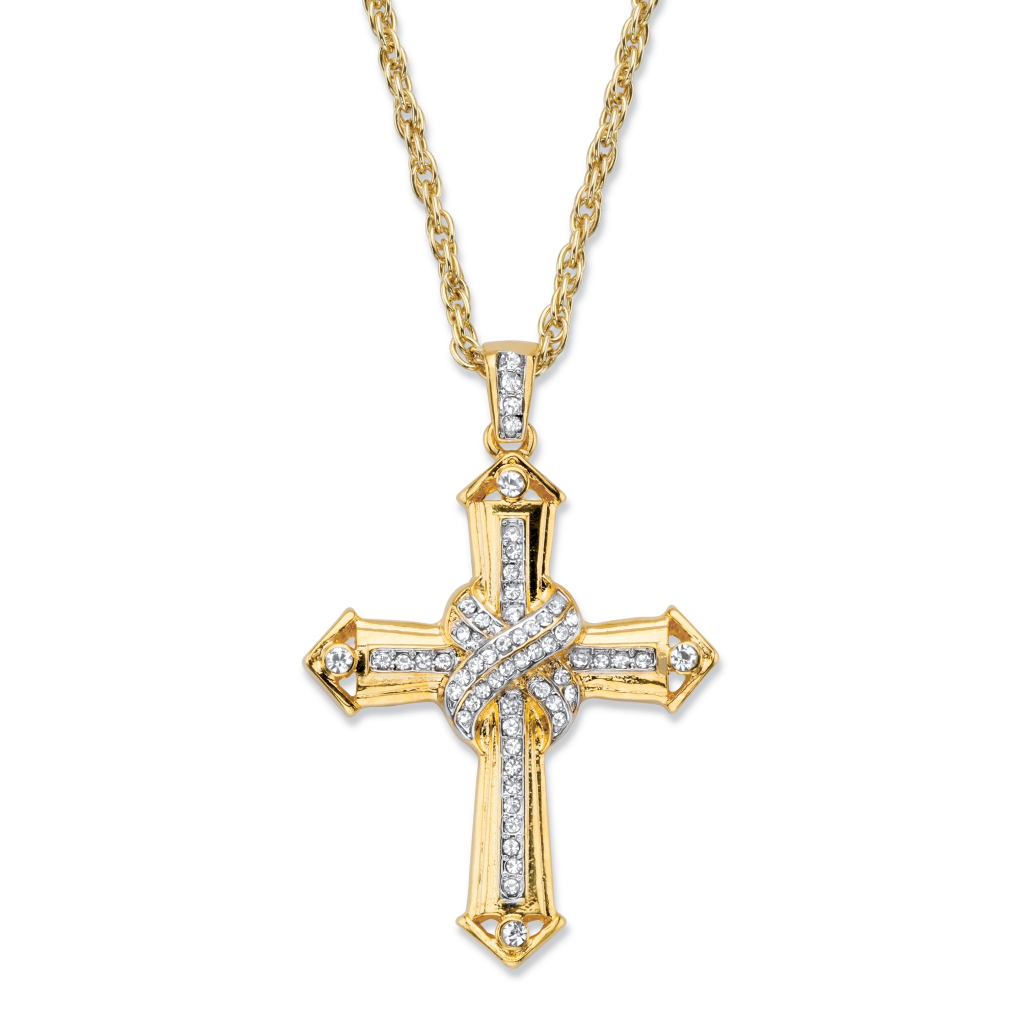 Men's Round Crystal-Wrapped Cross Pendant Necklace with Rope Chain in ...