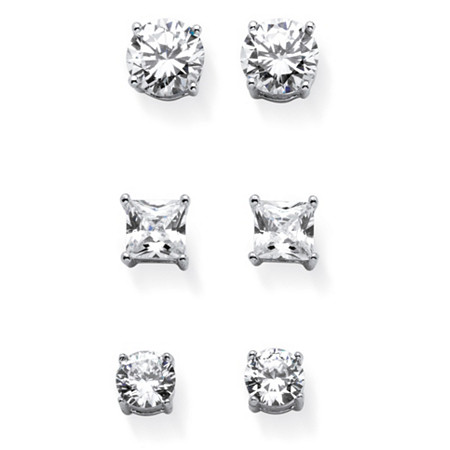 Round and Princess-Cut Cubic Zirconia 3-Pair Set of Stud Earrings 9.20 TCW in Sterling Silver at PalmBeach Jewelry