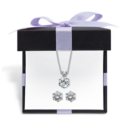 Round Cubic Zirconia 2-Piece Solitaire Stud Earrings and Necklace Set 7 TCW in Platinum over Sterling Silver with FREE Gift Box 18" at PalmBeach Jewelry