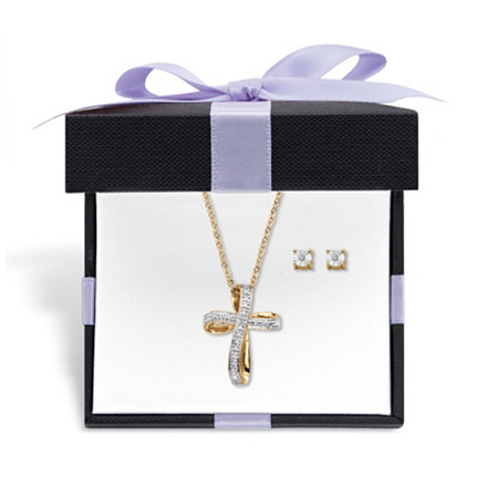 Diamond Accent 2-Piece Stud Earrings and Cross Necklace Set Gold-Plated With FREE Gift Box 18"-20" at PalmBeach Jewelry