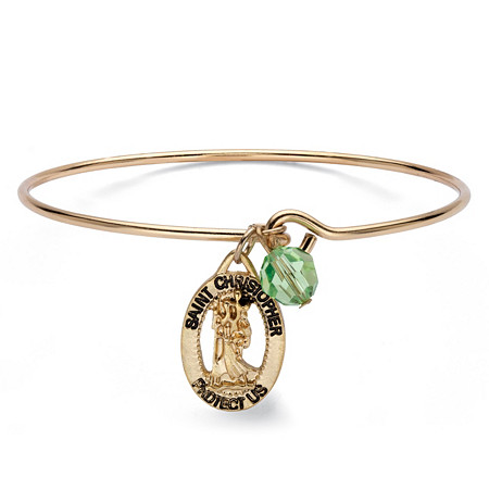 St. Christopher Green Crystal Bead Charm Bangle Bracelet in Gold Tone 7" at PalmBeach Jewelry