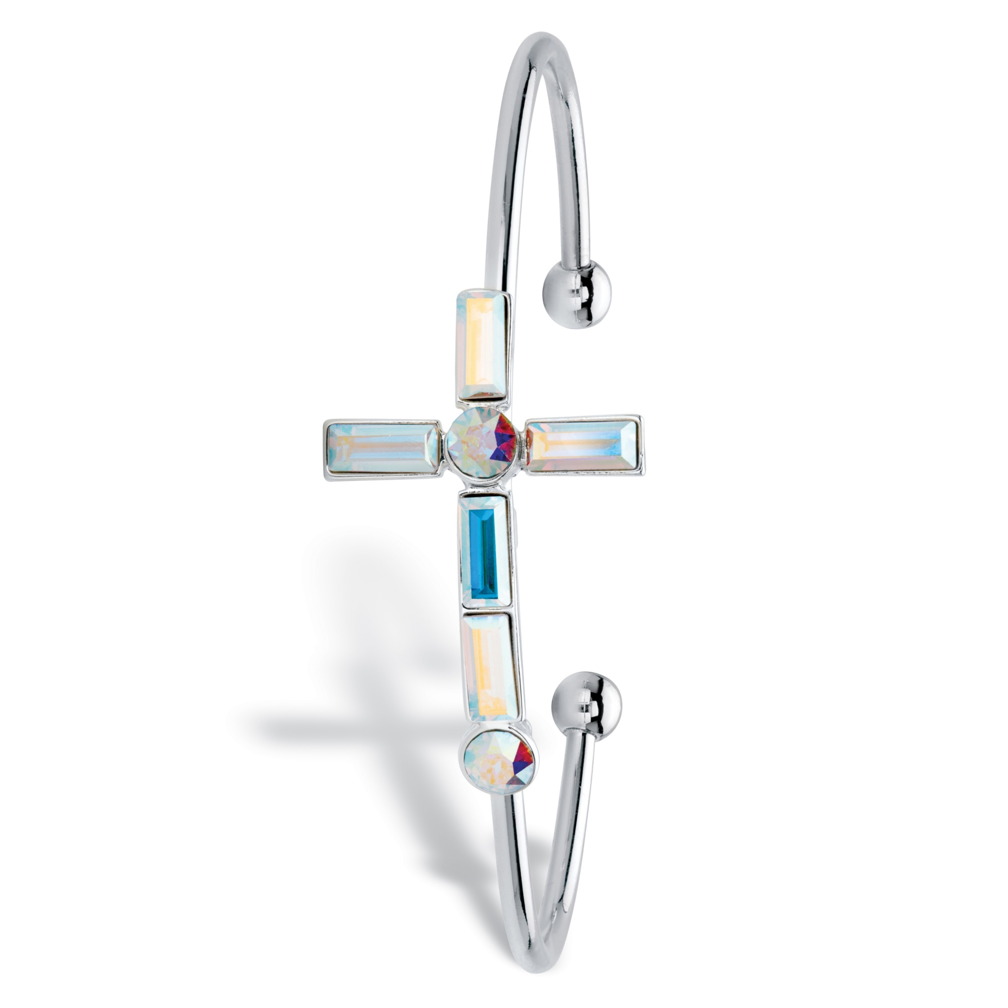 Aurora Borealis Crystal Silvertone Horizontal Cross Cuff Bangle Bracelet 7" at PalmBeach Jewelry