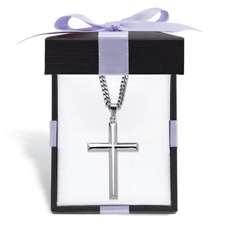 Sterling Silver Beveled Cross Pendant with Stainless Steel Chain Includes FREE Red and Black Bow-Tied Gift Box 24" at Direct Charge presents PalmBeach