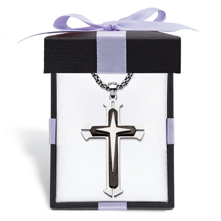 Men's Triple Layered Cross and Necklace in Black Ion-Plated Stainless Steel with FREE Bow-Tied Gift Box 24" at PalmBeach Jewelry