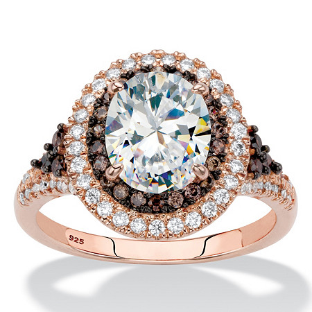 3.35 TCW Oval White and Chocolate Brown Cubic Zirconia 18K Rose Gold & Black Ruthenium Plated Sterling Silver Halo Ring at PalmBeach Jewelry