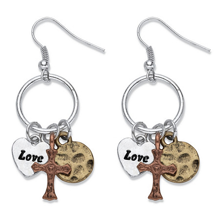 Tri-Tone Gold Tone, Silvertone and Rose Tone Cross and "Love" Charm Hammered Drop Earrings 2" at PalmBeach Jewelry