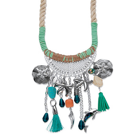 Crystal Beach Coastal Fringe Charm Statement Necklace in Silvertone with Fabric Twisted Rope 19" - 20.5" at PalmBeach Jewelry