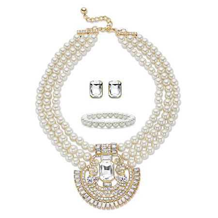 Crystal and Simulated Pearl Gold Tone 3-Piece Triple-Strand Necklace, Stud Earring and Stretch Bracelet Set 17"-19" (8mm) at PalmBeach Jewelry