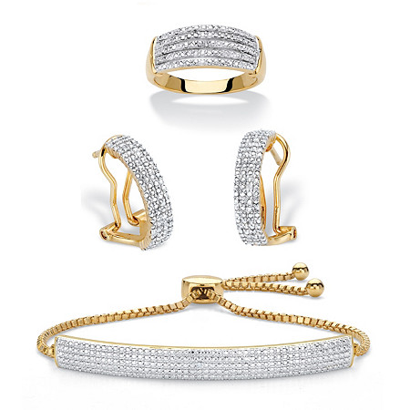 Diamond Accent Two-Tone Gold-Plated 3-Piece Pave-Style Ring, Demi-Hoop Earring and Adjustable Bolo Bracelet Set 9" at PalmBeach Jewelry