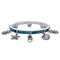 Simulated Blue Mother-of-Pearl Beach Theme Stretch Charm Bracelet in Antiqued Silvertone 7"