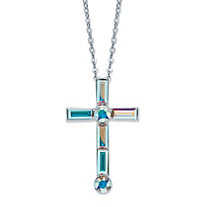 Aurora Borealis Crystal Cross Charm Pendant Necklace in Silvertone 18"-20"
