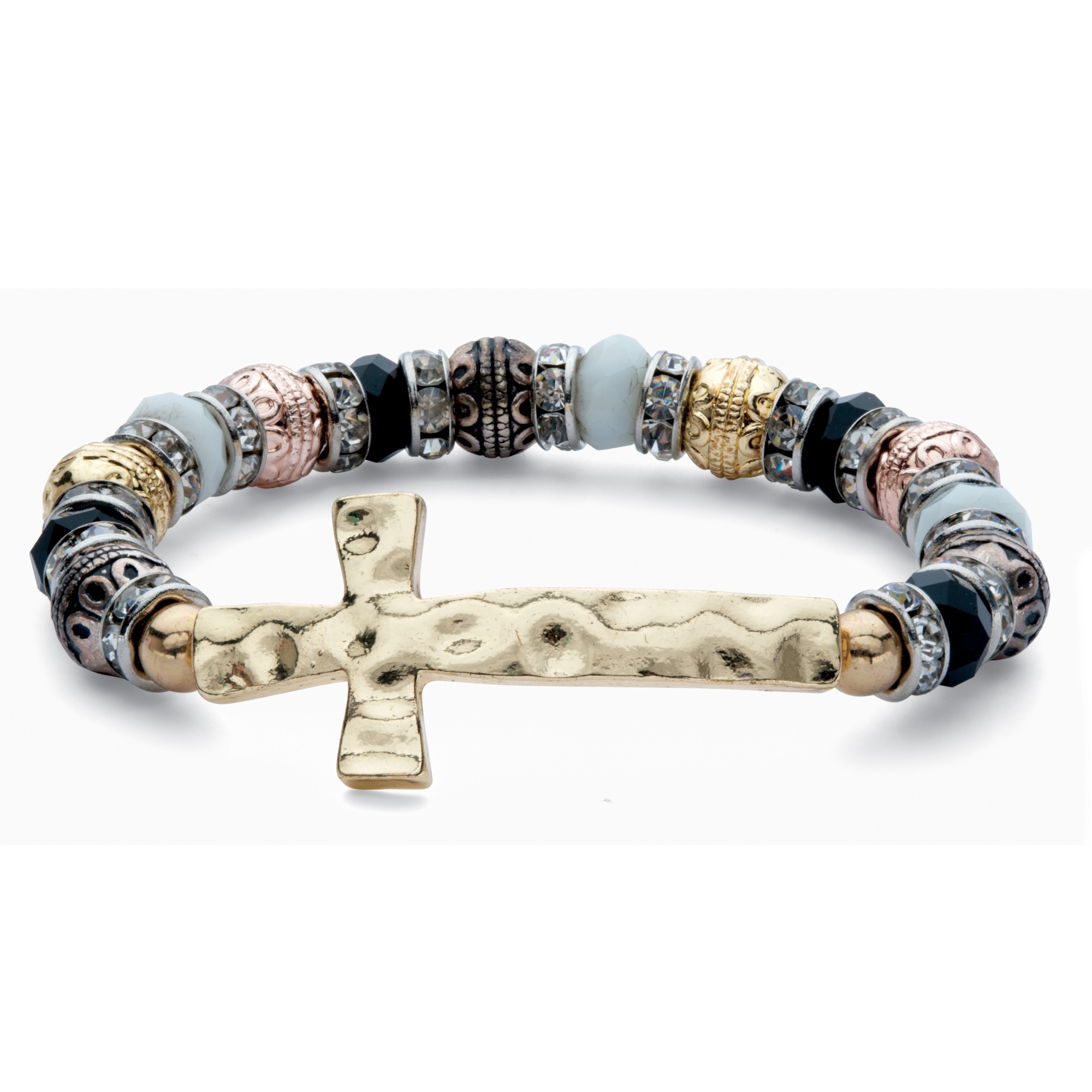 Round Crystal MultiColor Hammered Cross Beaded Stretch Bracelet in