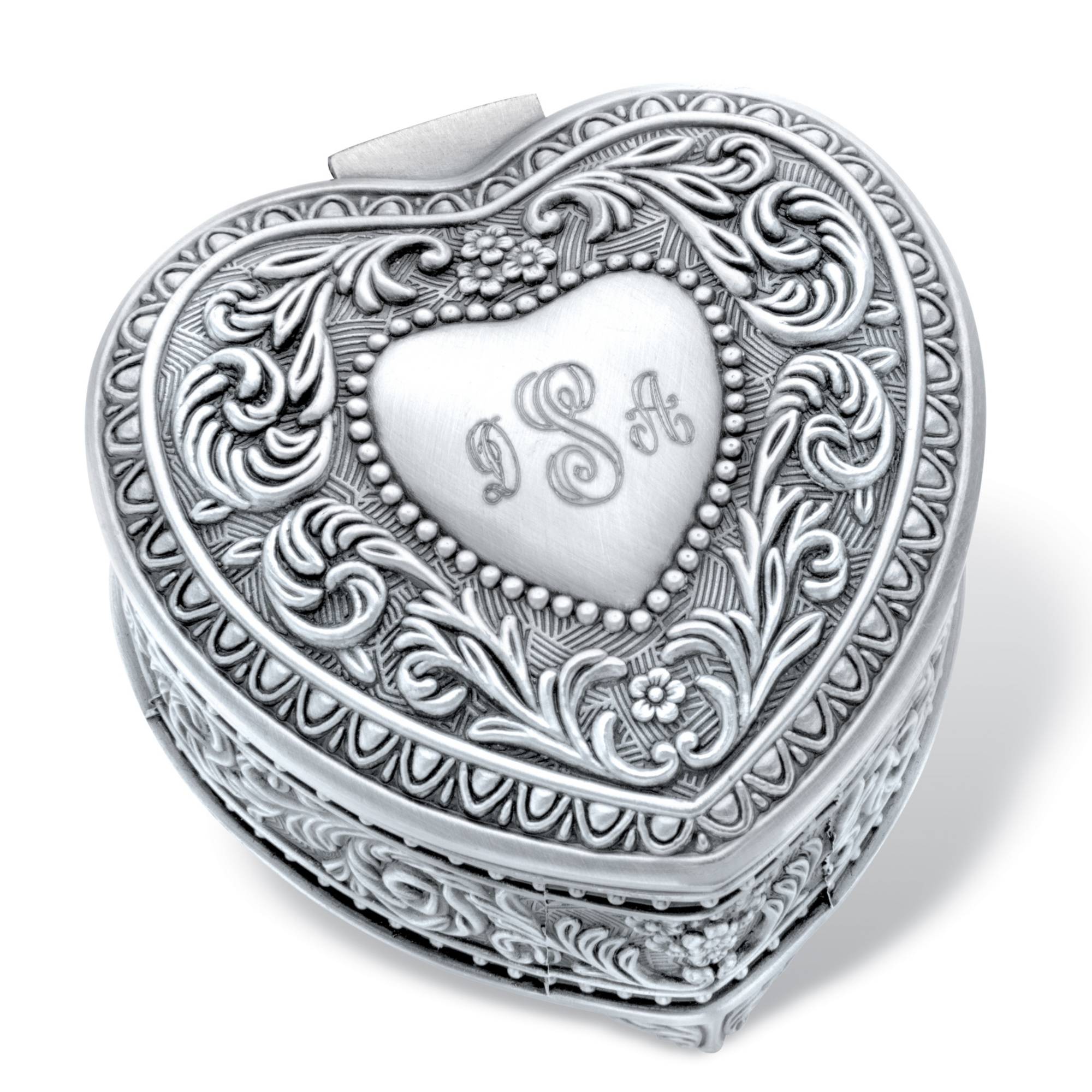 Personalized HeartShaped Scrolled Hinged Jewelry Box in Antiqued