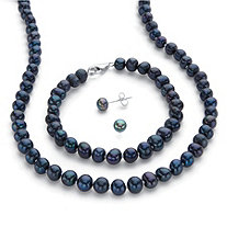 SETA JEWELRY Black Genuine Freshwater Cultured Pearl 3-Piece Stud Earring, Strand Necklace and Bracelet Set in Silvertone 18
