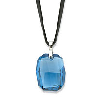 Cushion-Cut Faceted Blue Crystal Black Leather Corded Pendant Necklace in Silvertone 32"-34"