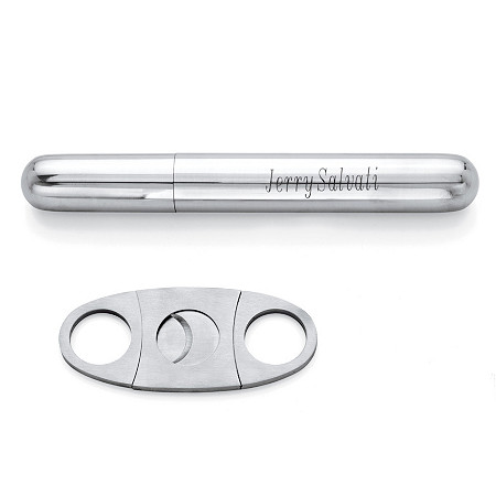 Personalized Engraved Cigar Cutter and Holder in Stainless Steel and Silvertone 6" at PalmBeach Jewelry