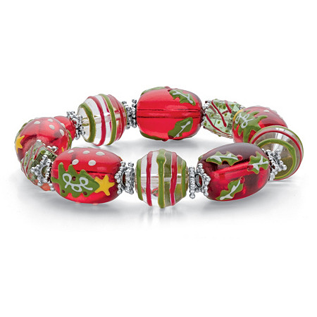 Red and Green Holiday Beaded Silvertone Stretch Bracelet 7" at PalmBeach Jewelry
