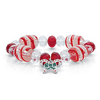 Red and White Crystal and Enamel Holiday Candy Cane Beaded Charm Stretch Bracelet in Silvertone 7