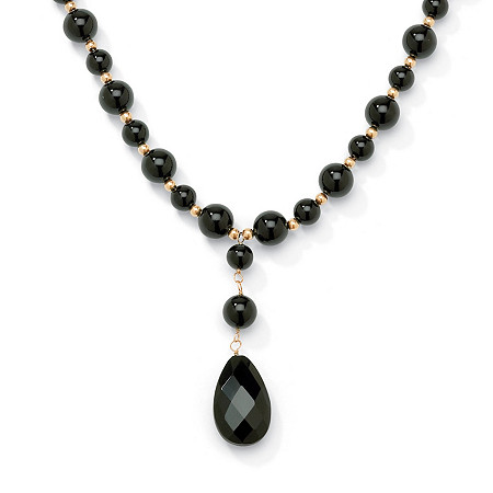 Genuine Black Onyx Pear-Cut and Round Beaded Drop Necklace in Solid 10k Yellow Gold 20" at PalmBeach Jewelry