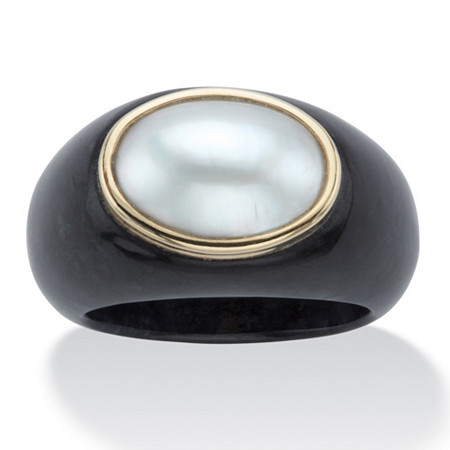 Genuine Freshwater Cultured Pearl and Black Jade Oval Cabochon Ring in Solid 10k Yellow Gold at PalmBeach Jewelry