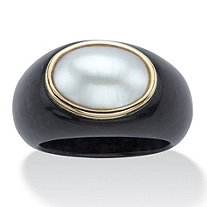 Genuine Freshwater Cultured Pearl and Black Jade Oval Cabochon Ring in Solid 10k Yellow Gold