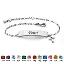 Personalized Simulated Birthstone Cross Charm I.D. Bracelet Platinum-Plated 6.5"-7.5"