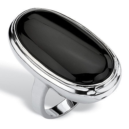 Oval-Cut Genuine Black Onyx Cabochon Ring in Silvertone at PalmBeach Jewelry