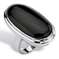 Oval-Cut Genuine Black Onyx Cabochon Ring in Silvertone