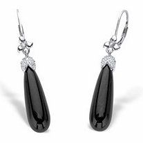 Genuine Black Onyx and Cubic Zirconia Teardrop Earrings .38 TCW in Sterling Silver 1 7/8