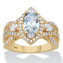 Marquise-Cut Cubic Zirconia Crossover Halo Engagement Ring 3.04 TCW in 18k Gold over Sterling Silver