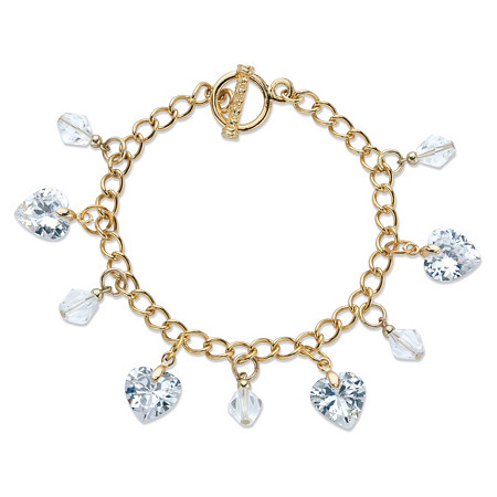 Heart-Shaped and Round Crystal Charm Toggle Bracelet in Gold Tone 7.5" at PalmBeach Jewelry