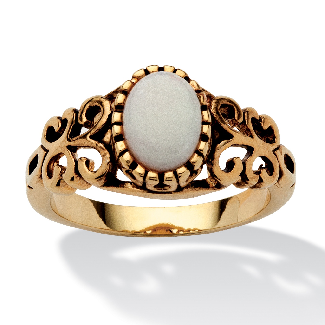 Oval Cut Opal Scroll Ring In Antiqued 14k Gold Plated At