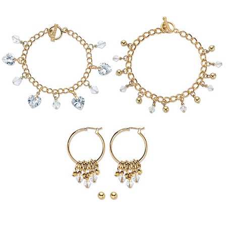 Crystal Heart Charm Bracelet Goldtone BONUS: Buy the Bracelet, Get the 3-Pc. Crystal Bracelet, Stud and Hoop Earring Set FREE! 7.5" at PalmBeach Jewelry