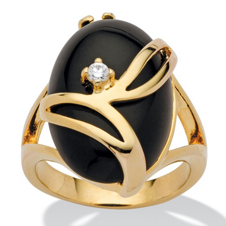 Oval-Shaped Onyx and Crystal Accent Cocktail Ring in Gold-Plated at PalmBeach Jewelry