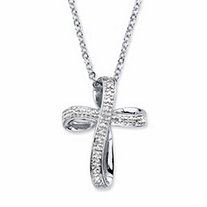 Diamond Accent Pave-Style Ribbon Loop Cross Pendant Necklace in Silvertone 18