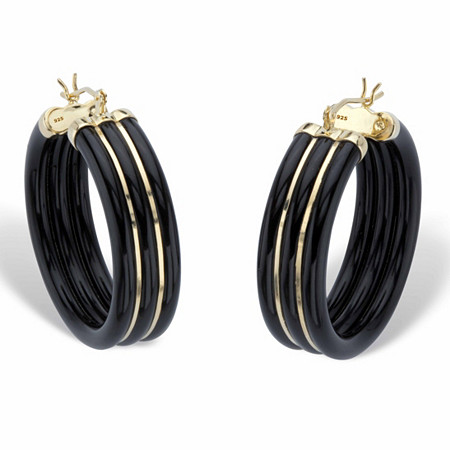 Genuine Black Jade Polished Hoop Earrings in 14k Gold over Sterling Silver 1.33" at PalmBeach Jewelry