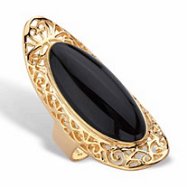 Genuine Black Jade Oval Cabochon Scroll Ring in 14k Gold over Sterling Silver