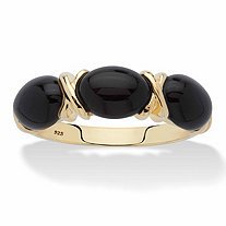 Oval-Cut Genuine Black Jade "X & O" Ring in 14k Gold over Sterling Silver