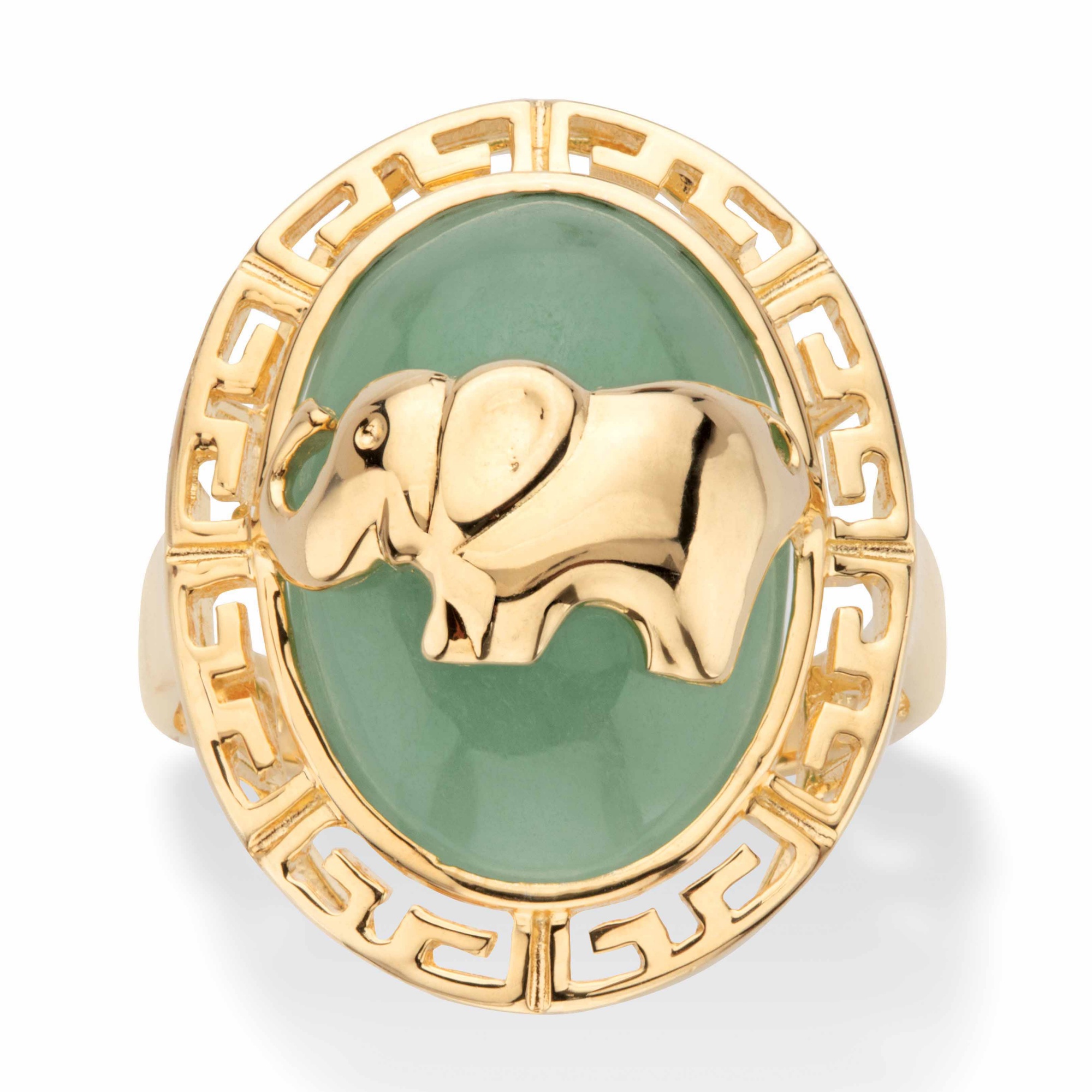 Genuine Green Jade Oval Dome Elephant Ring in 14k Gold over Sterling