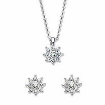Round Crystal Flower Stud Earring and Pendant Necklace in Silvertone 18"