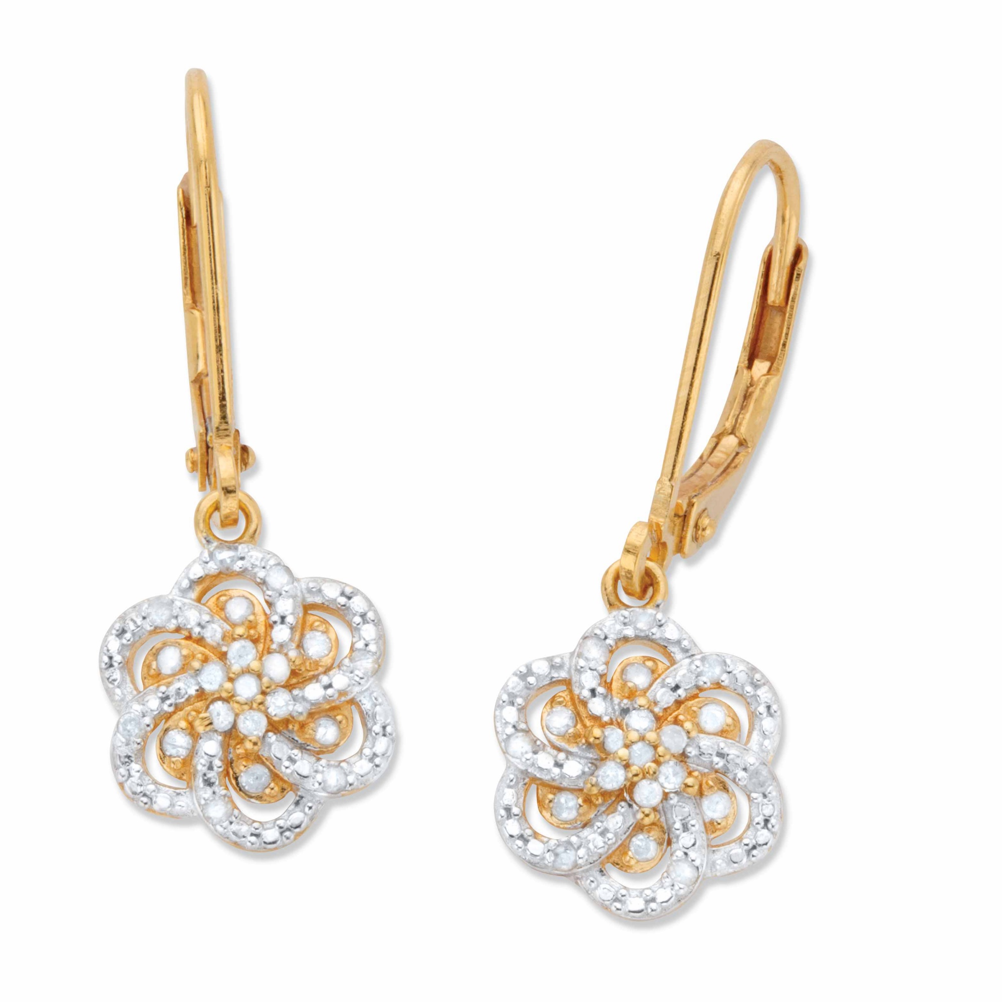 Round Diamond Flower Leverback Drop Earrings 1/8 TCW in 18k Gold over ...