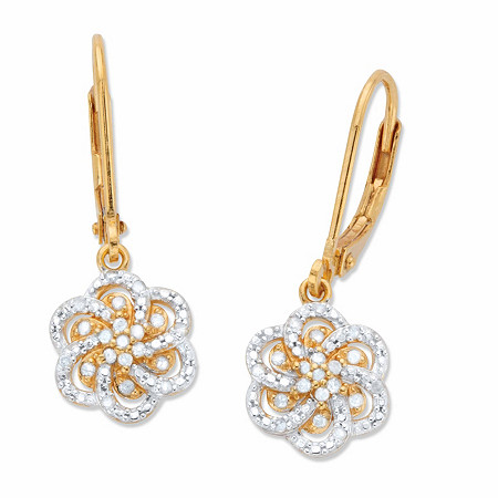Round Diamond Flower Leverback Drop Earrings 1/8 TCW in 18k Gold over Sterling Silver 1" at PalmBeach Jewelry