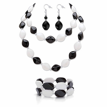 Black and White Beaded Lucite Silvertone 4-Piece Necklace, Stretch Bracelet and Drop Earring Set 29" at PalmBeach Jewelry
