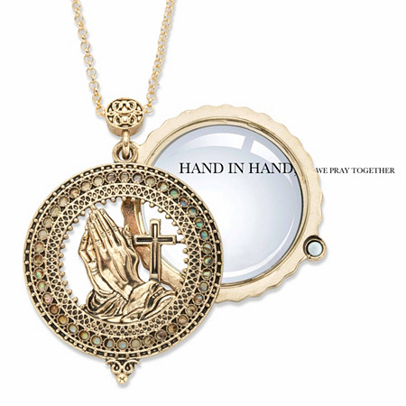 Praying Hands and Cross Magnifying Glass Antiqued Locket Medallion Necklace in Goldtone 30"-33" at PalmBeach Jewelry