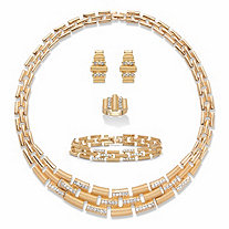 Round Crystal Collar Necklace, Earring and Bracelet Set 19" BONUS: Get the Adjustable Ring FREE! Gold Tone